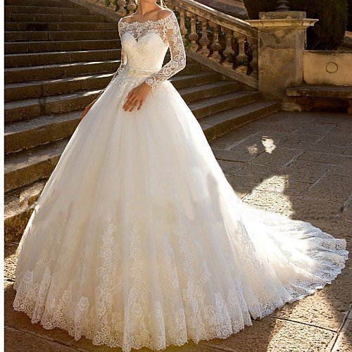 

Ball Gown Wedding Dresses Off Shoulder Chapel Train Lace Tulle Lace Over Satin Long Sleeve Glamorous Sparkle & Shine Illusion Sleeve with Sashes / Ribbons Crystals Appliques 2021