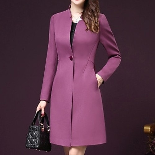 

Women's Daily Fall & Winter Long Coat, Solid Colored Stand Long Sleeve Polyester Black / Purple