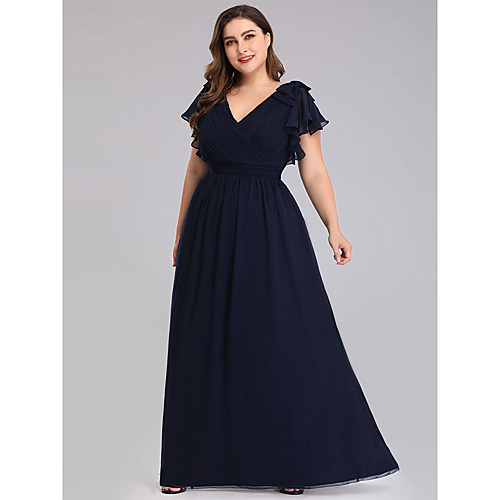 

A-Line Mother of the Bride Dress Plus Size V Neck Floor Length Chiffon Short Sleeve with Ruffles Ruching 2021