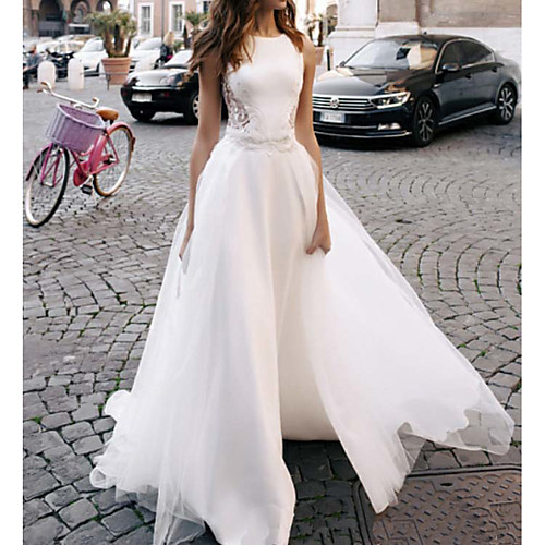 

A-Line Wedding Dresses Jewel Neck Sweep / Brush Train Lace Tulle Regular Straps Casual Beach Backless with Buttons Lace Insert 2021