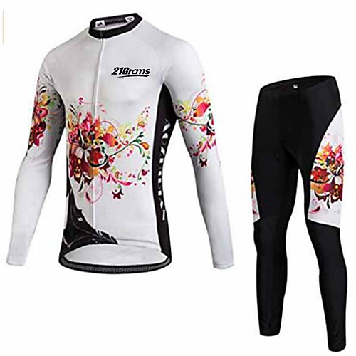

21Grams Floral Botanical Men's Long Sleeve Cycling Jersey with Tights - Black / White Bike Clothing Suit Thermal / Warm UV Resistant Breathable Sports Winter Fleece Polyester Mountain Bike MTB Road