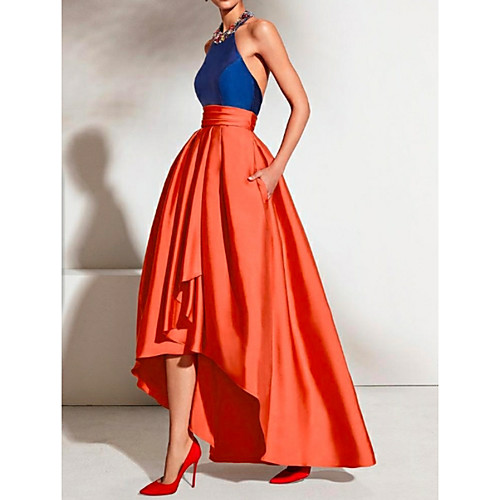 

A-Line Color Block Blue Prom Formal Evening Dress Halter Neck Sleeveless Asymmetrical Satin with Pleats 2020