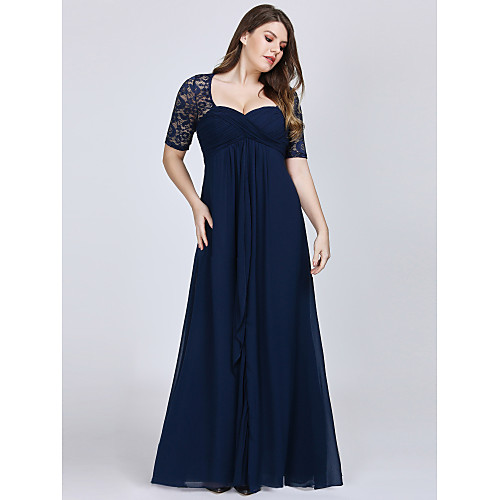 

A-Line Plus Size Wedding Guest Formal Evening Dress Sweetheart Neckline Short Sleeve Floor Length Chiffon Lace with Draping Lace Insert 2021