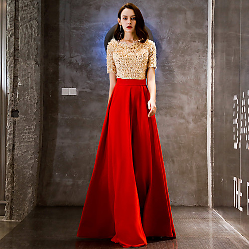 

A-Line Elegant Formal Evening Dress V Neck Short Sleeve Floor Length Lace Sequined with Sequin 2021