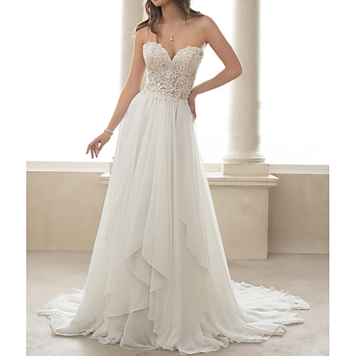 

A-Line Wedding Dresses Sweetheart Neckline Sweep / Brush Train Lace Tulle Strapless Romantic Simple Backless with Cascading Ruffles 2021