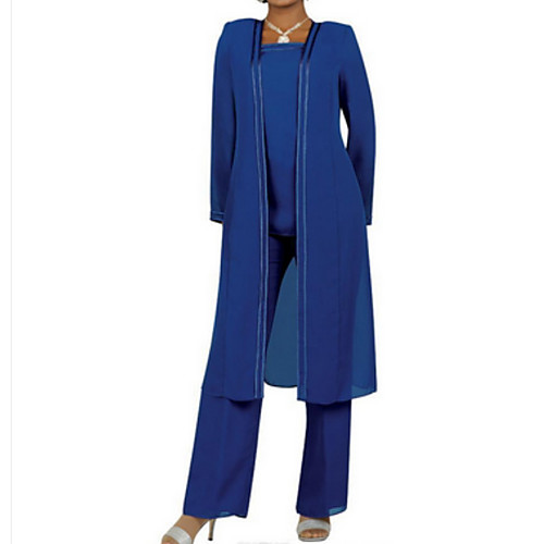 

Pantsuit / Jumpsuit Mother of the Bride Dress Plus Size Elegant Square Neck Floor Length Chiffon Long Sleeve with Sash / Ribbon Ruching 2021