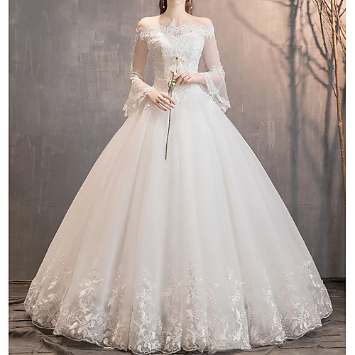 

A-Line Wedding Dresses Off Shoulder Floor Length Lace Tulle 3/4 Length Sleeve Glamorous Illusion Sleeve with Appliques 2020