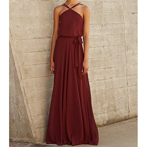 

A-Line Halter Neck Floor Length Chiffon Bridesmaid Dress with Pleats
