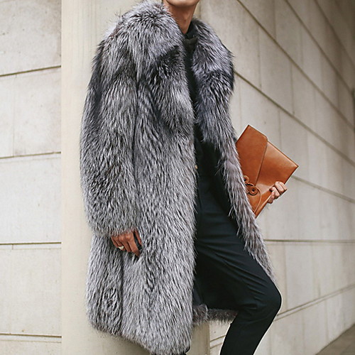 

Men's Daily Long Faux Fur Coat, Solid Colored Rolled collar Long Sleeve Faux Fur Gray