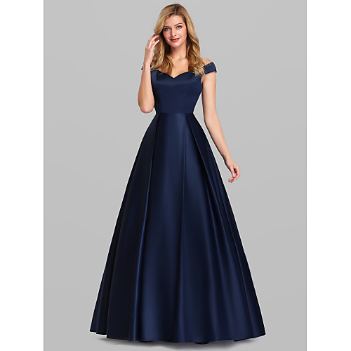 

Ball Gown Elegant Blue Quinceanera Prom Dress Off Shoulder Short Sleeve Floor Length Satin with Pleats 2020