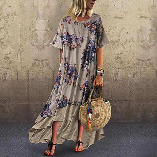 

Women's Plus Size Maxi Chiffon Dress - Short Sleeve Color Block Print Loose Blue Green Gray M L XL XXL XXXL XXXXL XXXXXL / Cotton
