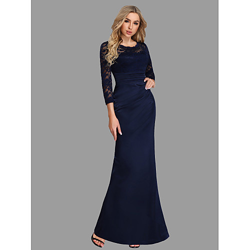 

Sheath / Column Minimalist Wedding Guest Formal Evening Dress Jewel Neck 3/4 Length Sleeve Floor Length Chiffon Lace with Lace Insert 2021