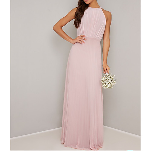 

A-Line Jewel Neck Floor Length Chiffon Bridesmaid Dress with Pleats