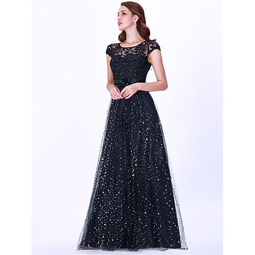 

A-Line Sparkle Blue Party Wear Prom Dress Illusion Neck Sleeveless Floor Length Lace Tulle with Beading Sequin 2020