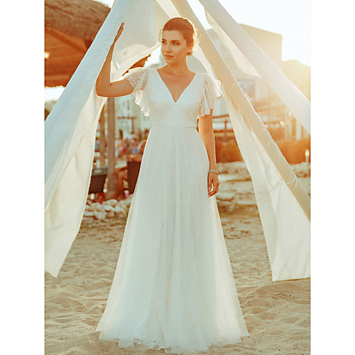

A-Line Wedding Dresses V Neck Floor Length Lace Short Sleeve Simple Casual Boho Illusion Detail Backless with Lace 2021