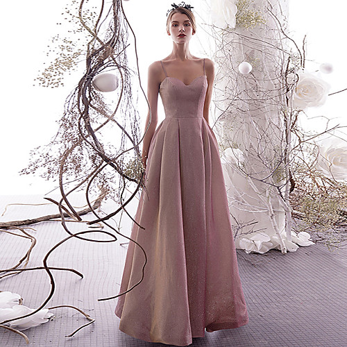 

A-Line Elegant Sparkle & Shine Prom Dress Spaghetti Strap Sleeveless Floor Length Sequined with Pleats 2021