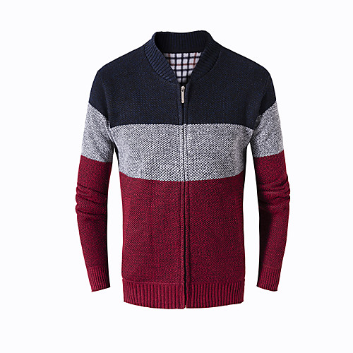 

Men's Color Block Sweater Long Sleeve Sweater Cardigans Stand Collar Blue Wine Navy Blue