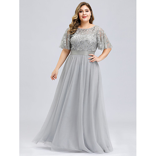 

A-Line Plus Size Grey Party Wear Prom Dress Jewel Neck Short Sleeve Floor Length Tulle Sequined with Sequin Appliques 2020