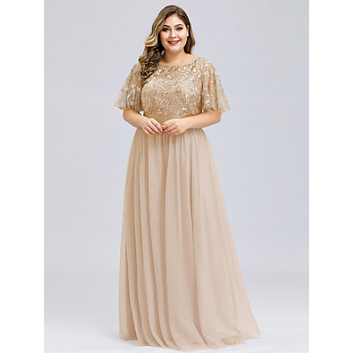 

A-Line Plus Size Gold Prom Formal Evening Dress Jewel Neck Short Sleeve Floor Length Chiffon Lace with Appliques 2020