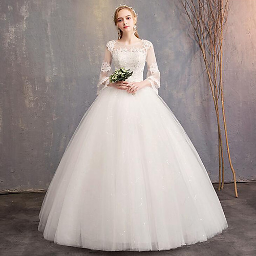

Ball Gown A-Line Wedding Dresses Jewel Neck Floor Length Lace Tulle Polyester 3/4 Length Sleeve Illusion Sleeve with Lace Embroidery 2021