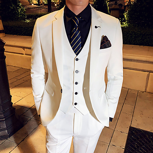 

White / Black / Blue Solid Colored Slim Fit Polyester Suit - Notch Single Breasted One-button / Suits