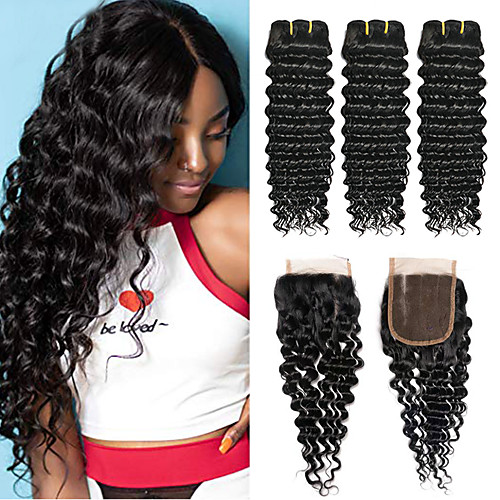 

3 Bundles with Closure Hair Weaves Peruvian Hair Deep Wave Human Hair Extensions Remy Human Hair 100% Remy Hair Weave Bundles 345 g Natural Color Hair Weaves / Hair Bulk Human Hair Extensions 8-24