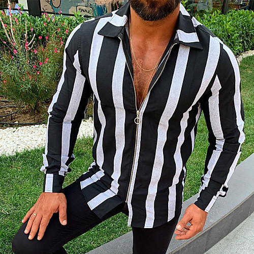 

Men's Shirt Striped Long Sleeve Daily Tops Basic White Khaki