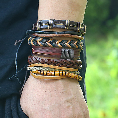 

6pcs Men's Bead Bracelet Wrap Bracelet Vintage Bracelet Layered Weave Vintage Punk Trendy Ethnic Fashion Genuine Leather Bracelet Jewelry Brown For Daily School Street / Earrings / Bracelet