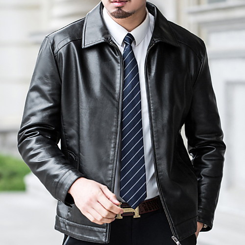 

Men's Daily Regular Leather Jacket, Solid Colored Shirt Collar Long Sleeve PU Black / Brown