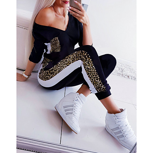 

Women's Basic V Neck Black Jumpsuit Leopard