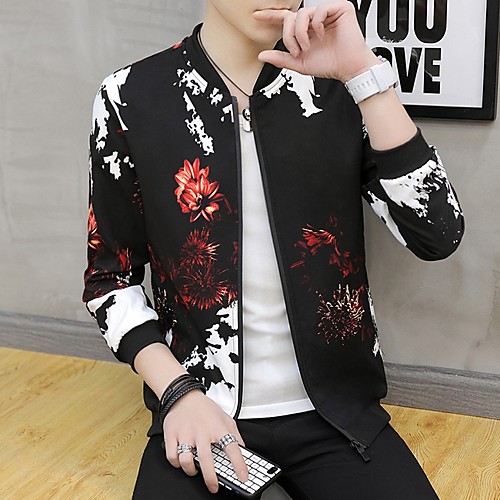 

Men's Daily Fall & Winter Regular Jacket, Geometric Stand Long Sleeve Polyester Black / Wine / White