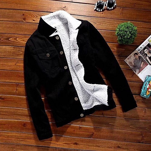 

Men's Daily Fall & Winter Regular Denim Jacket, Solid Colored Turndown Long Sleeve Polyester Black / Light Blue