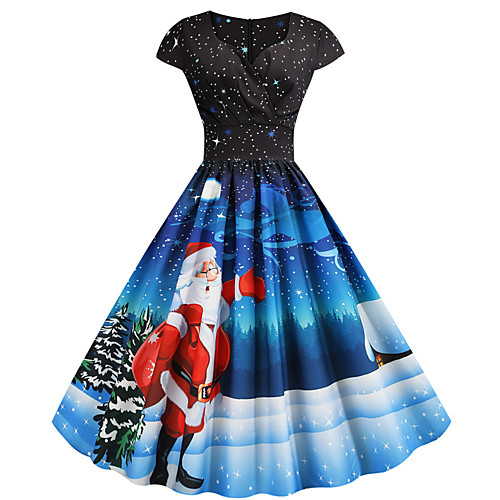 

Women's Santa Claus Swing Dress - Short Sleeve Geometric Snowflake Print V Neck Basic Vintage Christmas Party Festival Blue S M L XL XXL XXXL
