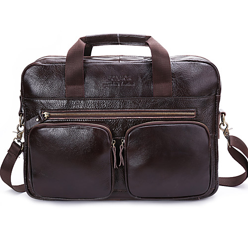 

Men's Zipper Cowhide Briefcase Solid Color Brown