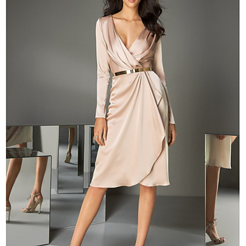 

A-Line Elegant Holiday Cocktail Party Dress Plunging Neck Long Sleeve Knee Length Taffeta with Sash / Ribbon Pleats 2021
