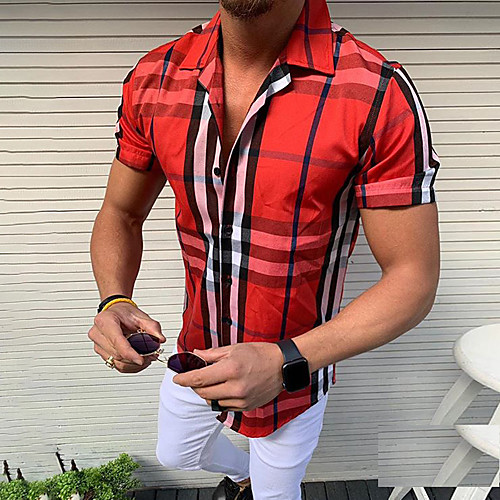 

Men's Shirt Check Short Sleeve Daily Tops Basic Blue Red Gray