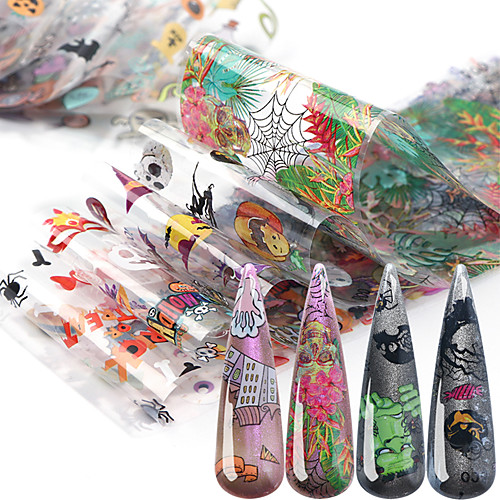 

10pcs Halloween Nail Designs Transfer Foils Pumpkin Cat Witch Skull Slide Sticker Polish Decal Adhesive Nail Art Foil Set