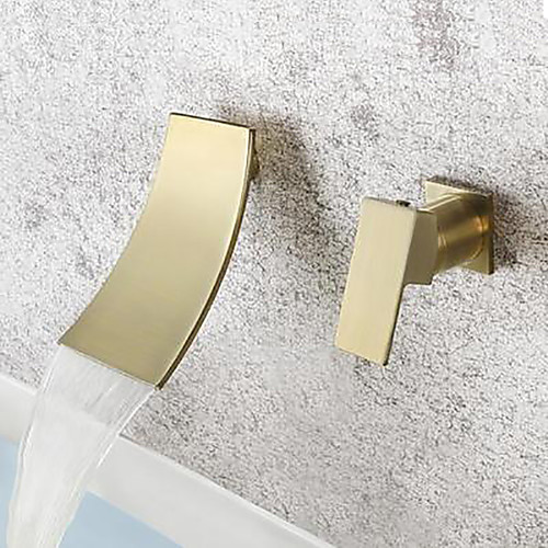 

Bathroom Sink Faucet - Waterfall Brushed Gold Wall Mounted Single Handle Two HolesBath Taps