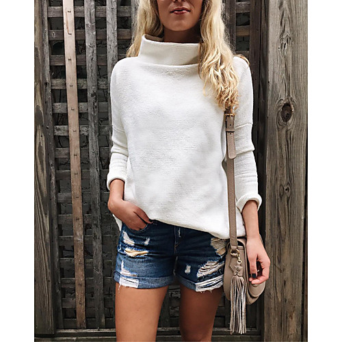 

Women's Basic Knitted Solid Color Plain Pullover Long Sleeve Loose Sweater Cardigans Turtleneck Fall Winter White