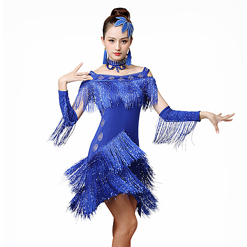 

Latin Dance Dress Tassel Crystals / Rhinestones Women's Training Performance Half-Sleeve Natural Ice Silk