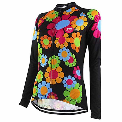 

21Grams Floral Botanical Women's Long Sleeve Cycling Jersey - Black / Red Bike Jersey Top Thermal / Warm UV Resistant Breathable Sports Winter 100% Polyester Mountain Bike MTB Road Bike Cycling
