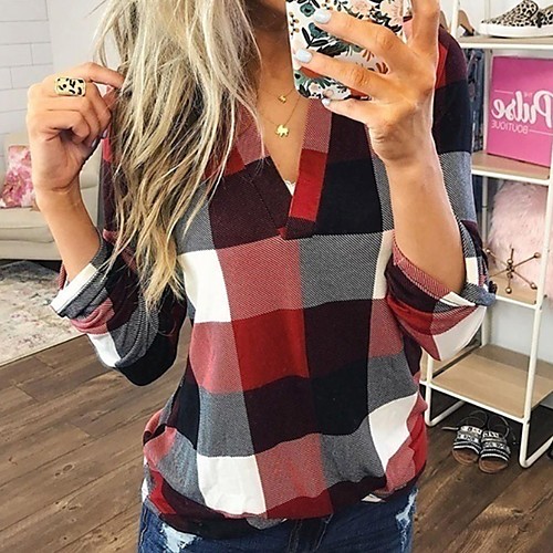 

Women's Plus Size Blouse Shirt Plaid Check Long Sleeve V Neck Tops Basic Top Blue Red Gray