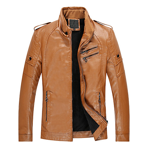 

Men's Solid Colored Winter Faux Leather Jacket Regular Daily Long Sleeve PU Coat Tops Black