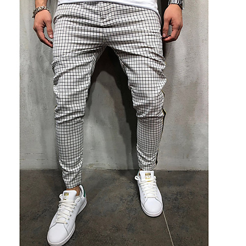 

Men's Military Cotton Slim Chinos Sweatpants Pants Plaid Checkered Full Length Sporty Floral White Blushing Pink Light Green / Elasticity