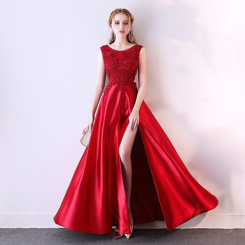 

A-Line Elegant Sparkle & Shine Prom Dress Jewel Neck Sleeveless Floor Length Satin Tulle Polyester with Pleats Split Front 2021