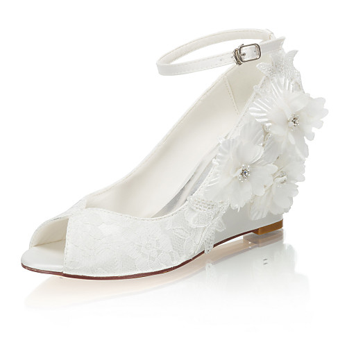 

Women's Wedding Shoes Wedge Heel Peep Toe Rhinestone / Stitching Lace Satin Spring & Fall / Summer Ivory