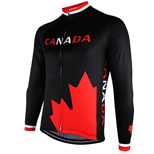 

21Grams Canada National Flag Men's Long Sleeve Cycling Jersey - Black / Red Bike Jersey Top Thermal / Warm UV Resistant Breathable Sports Winter Fleece 100% Polyester Mountain Bike MTB Road Bike