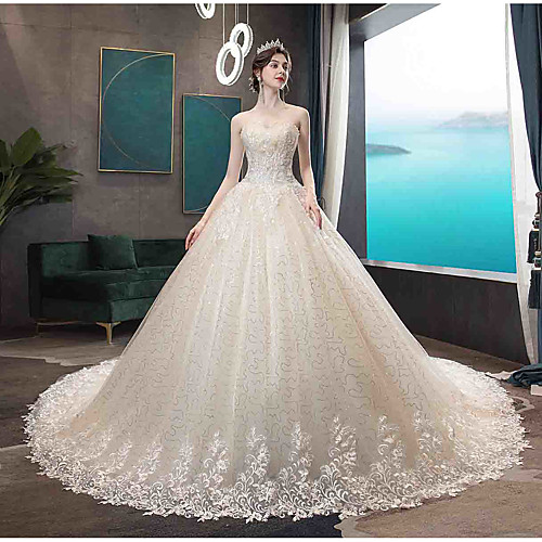 

Ball Gown Wedding Dresses Strapless Court Train Tulle Strapless Country Glamorous Illusion Detail with Beading Appliques 2021