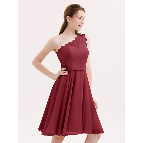 

A-Line One Shoulder Knee Length Chiffon / Lace Bridesmaid Dress with
