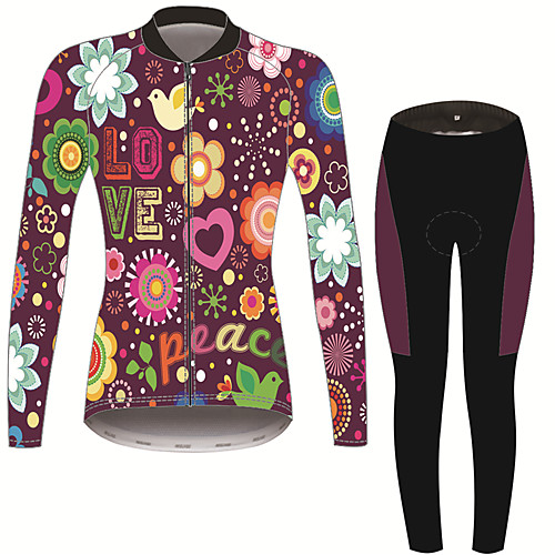 

21Grams Floral Botanical Women's Long Sleeve Cycling Jersey with Tights - Violet Bike Clothing Suit Thermal / Warm Breathable Quick Dry Sports Winter Terylene Polyester Taffeta Mountain Bike MTB Road